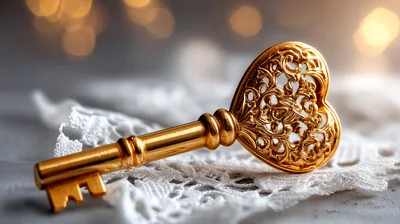 Ornate Golden Heart Shaped Key on Lace