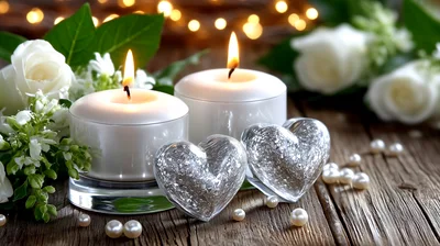 Two Lit Candles With Silver Hearts And White Roses