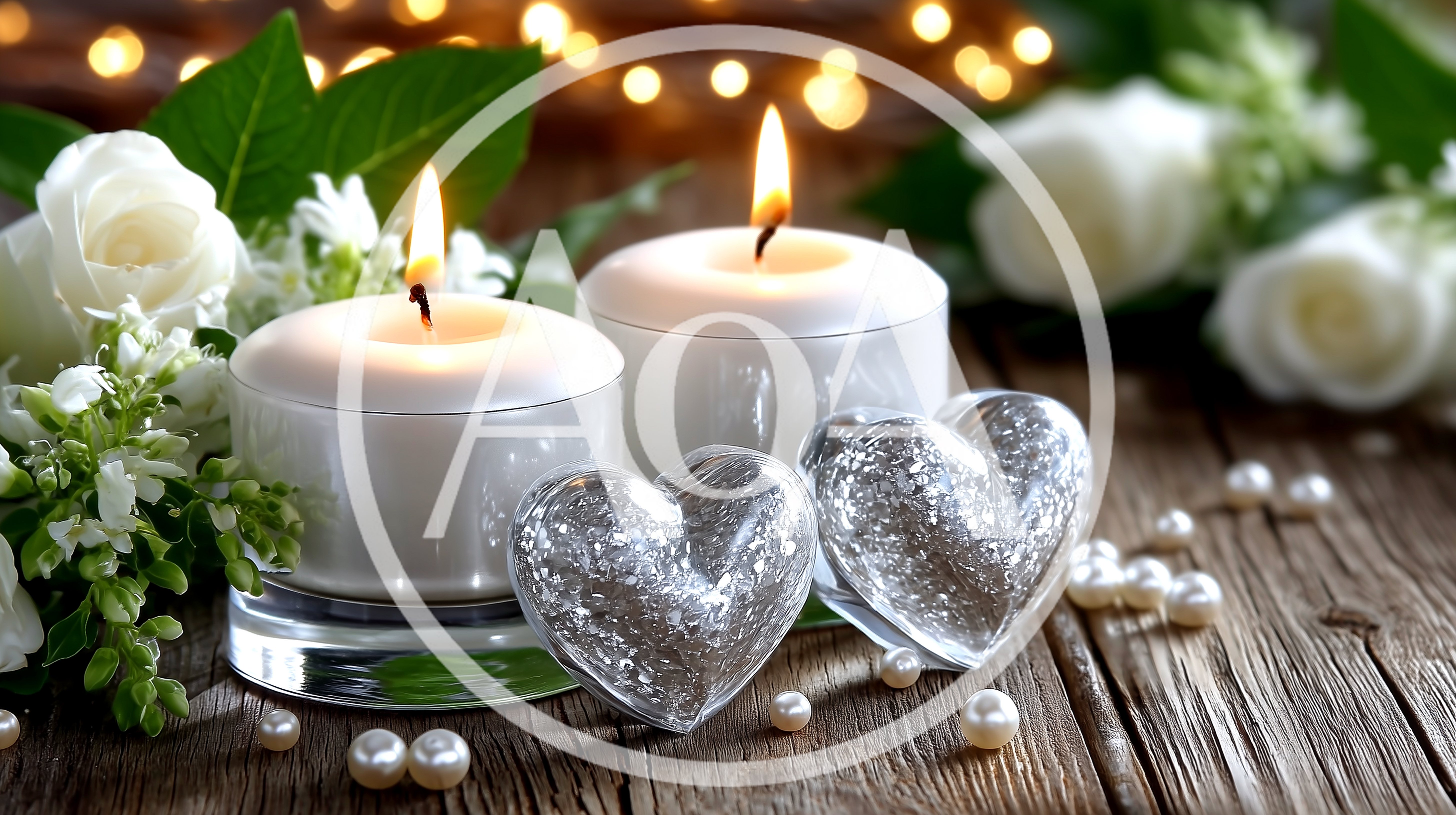 Two Lit Candles With Silver Hearts And White Roses