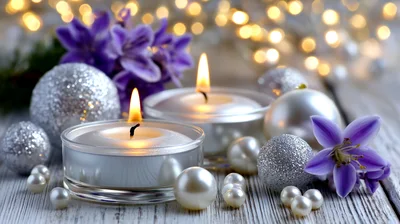 Christmas Candles With Silver Ornaments And Purple Flowers