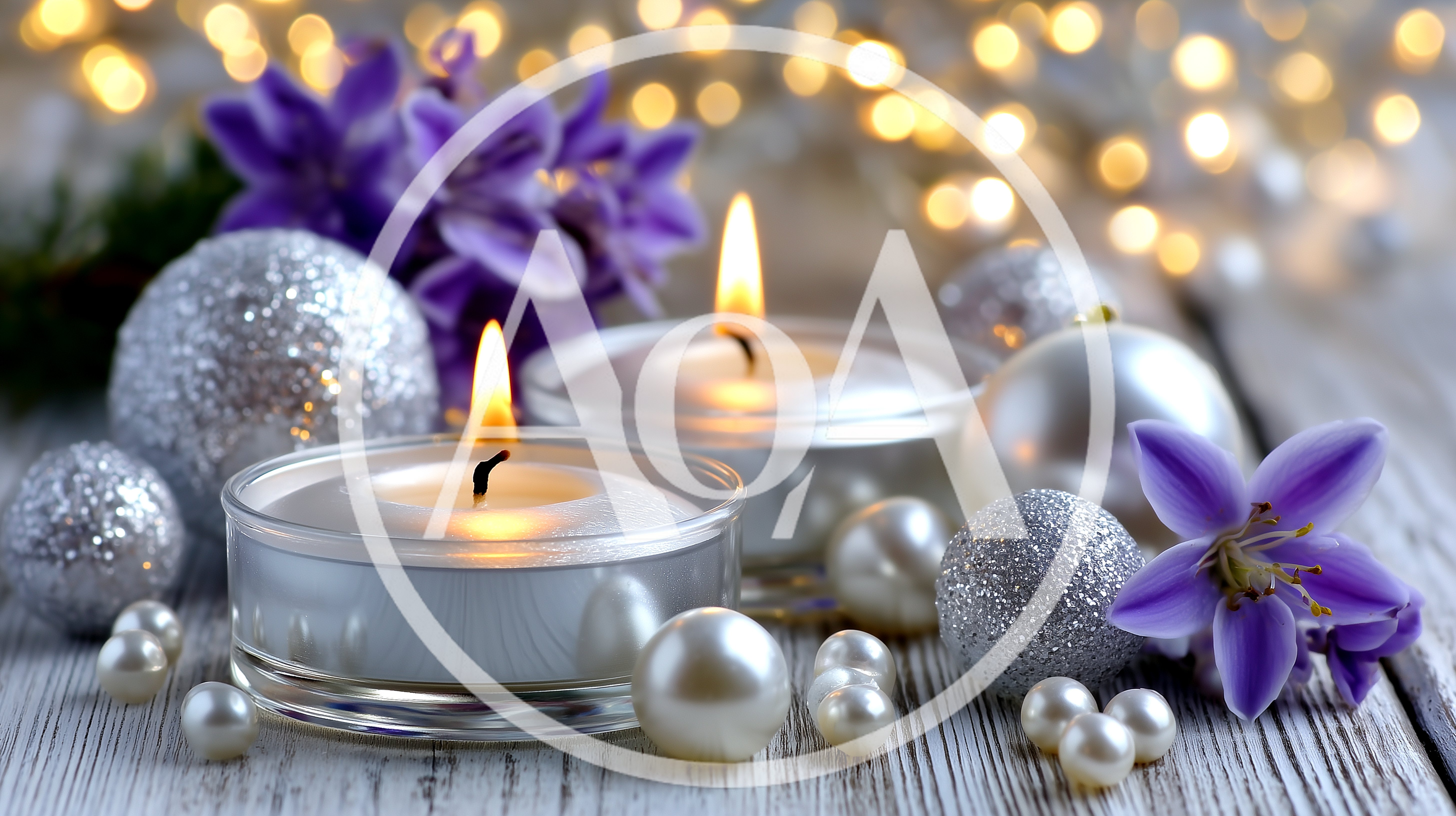 Christmas Candles With Silver Ornaments And Purple Flowers