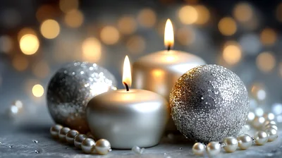 Two Lit Candles With Silver Ornaments And Pearls
