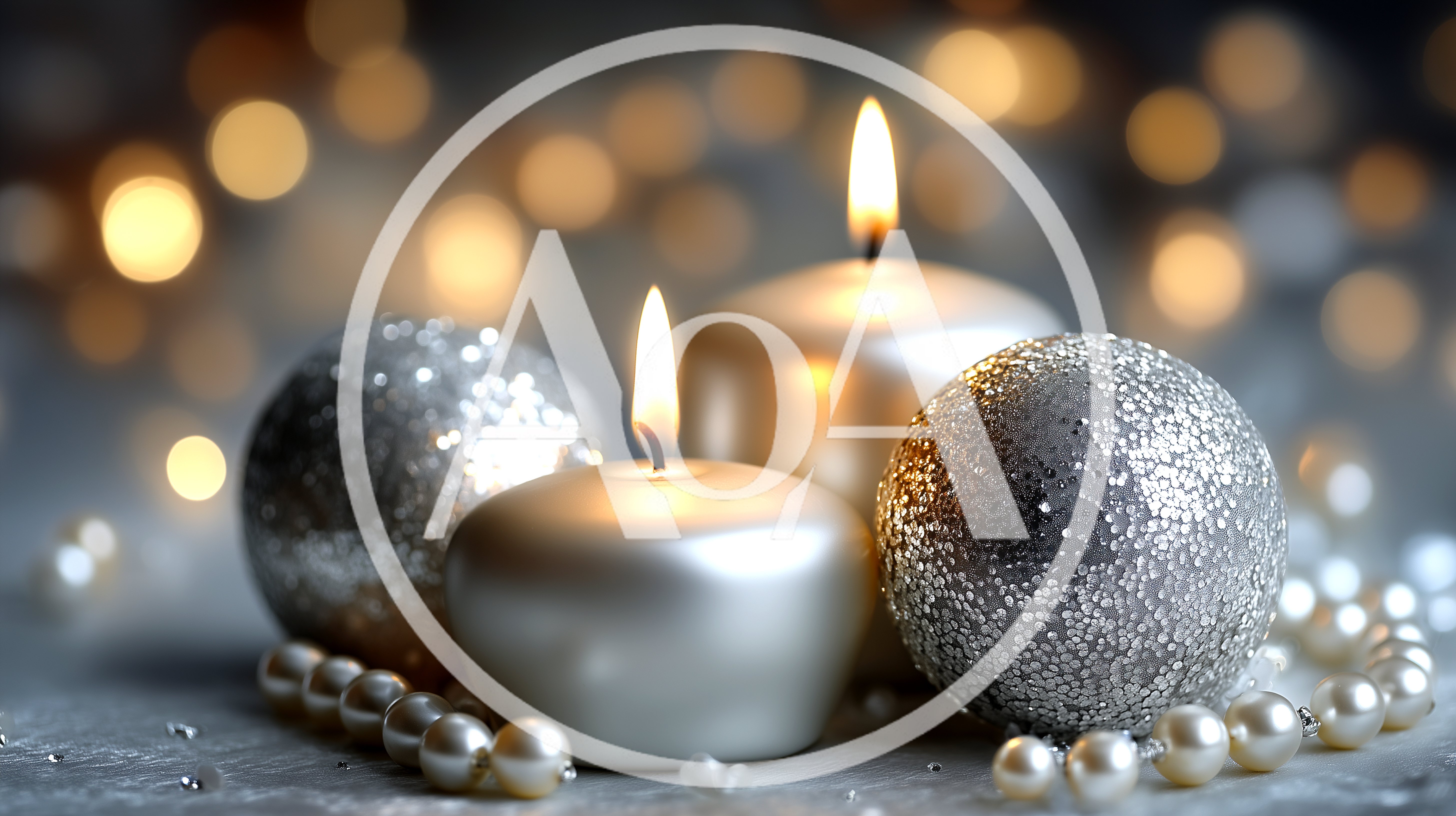 Two Lit Candles With Silver Ornaments And Pearls
