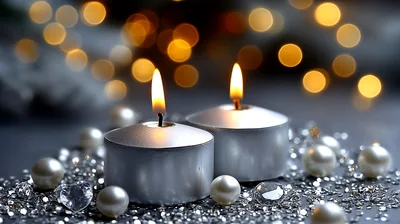 Two Lit Silver Candles With Pearls And Crystals