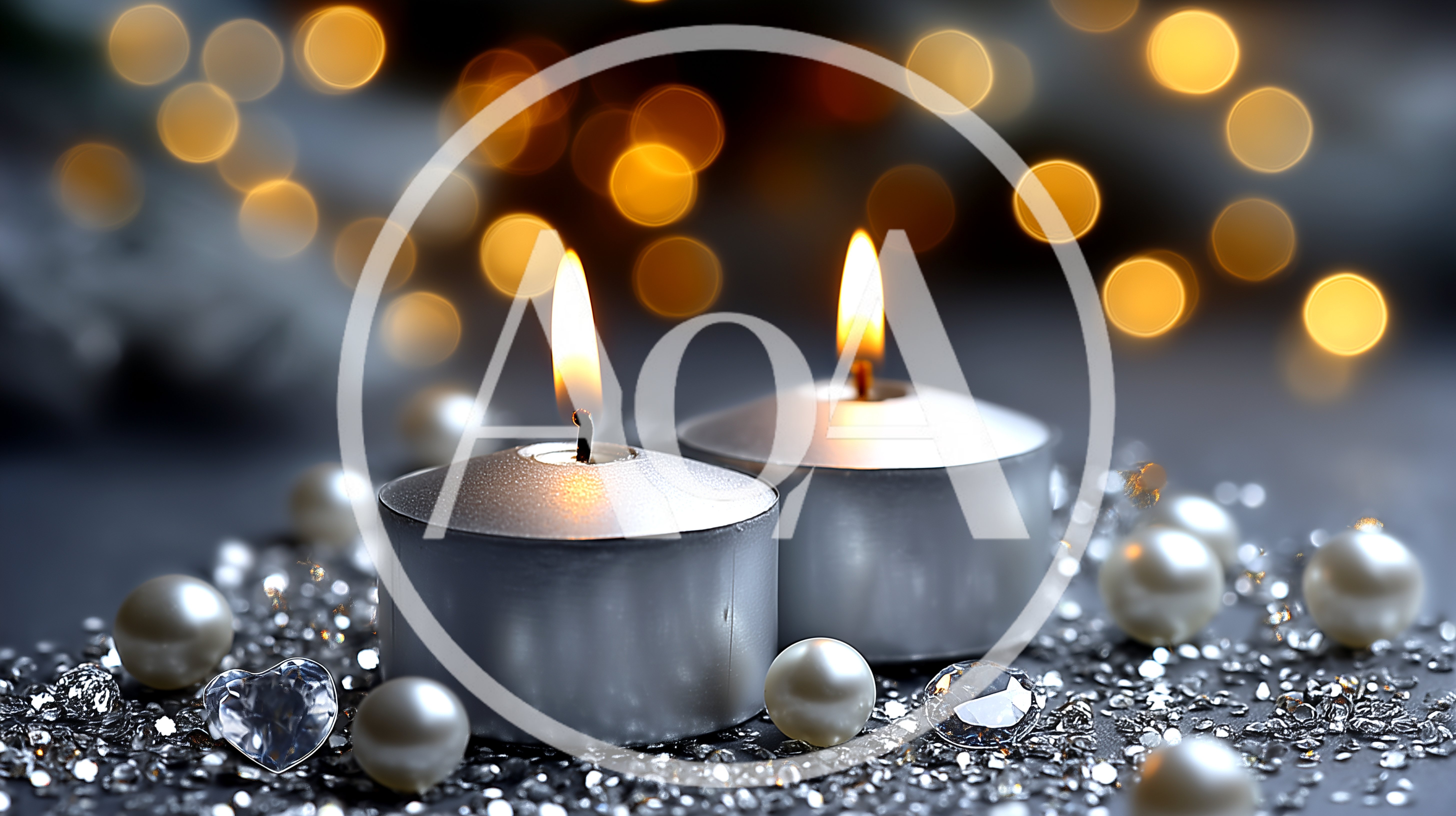 Two Lit Silver Candles With Pearls And Crystals