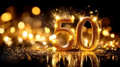 Golden Number Fifty With Sparkling Bokeh Background