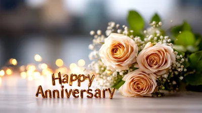 Happy Anniversary Gold Text With Rose Bouquet