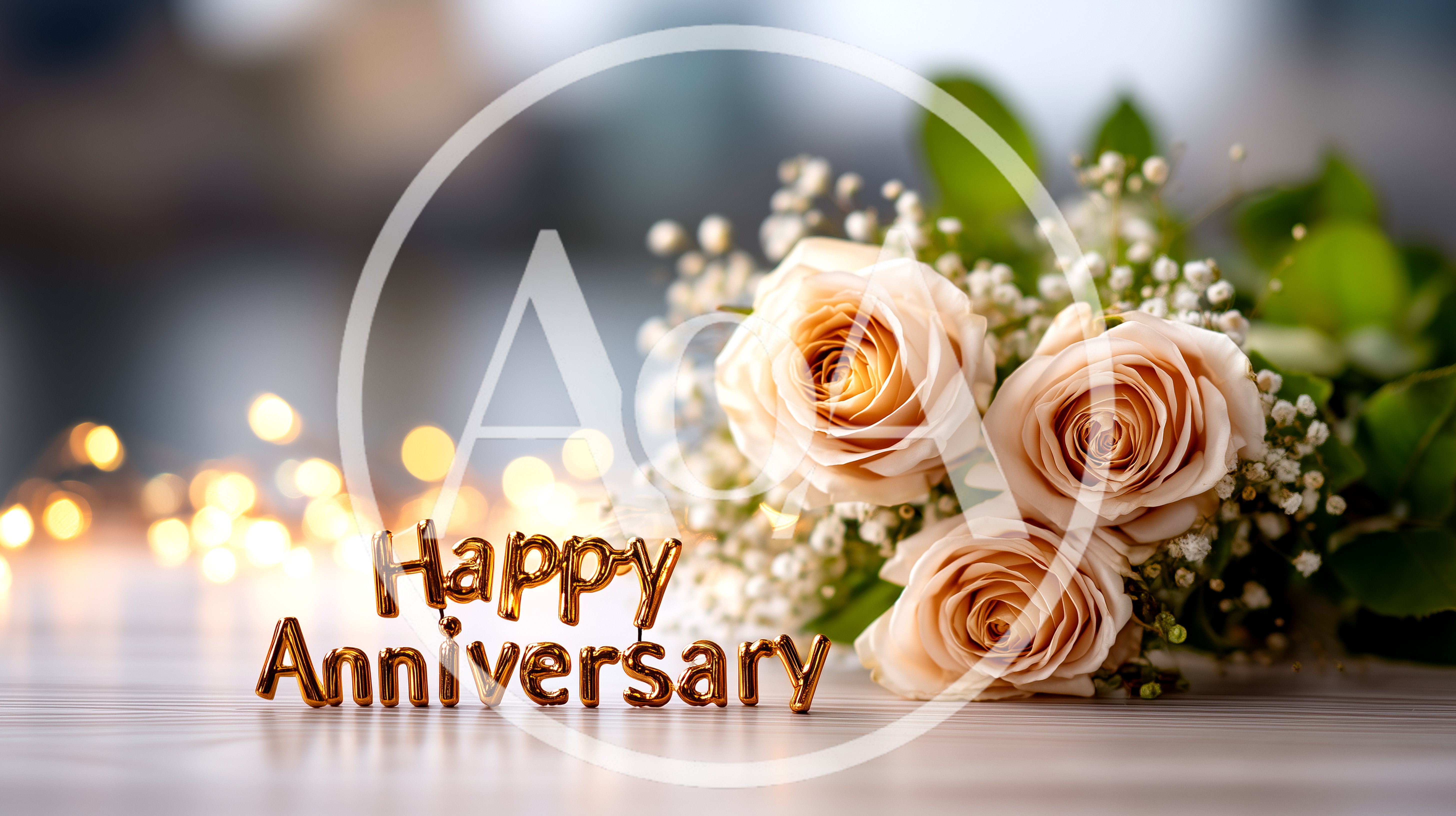 Happy Anniversary Gold Text With Rose Bouquet