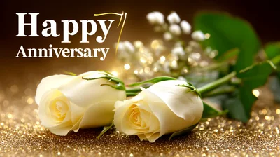 Two White Roses With Happy Anniversary Text Overlay