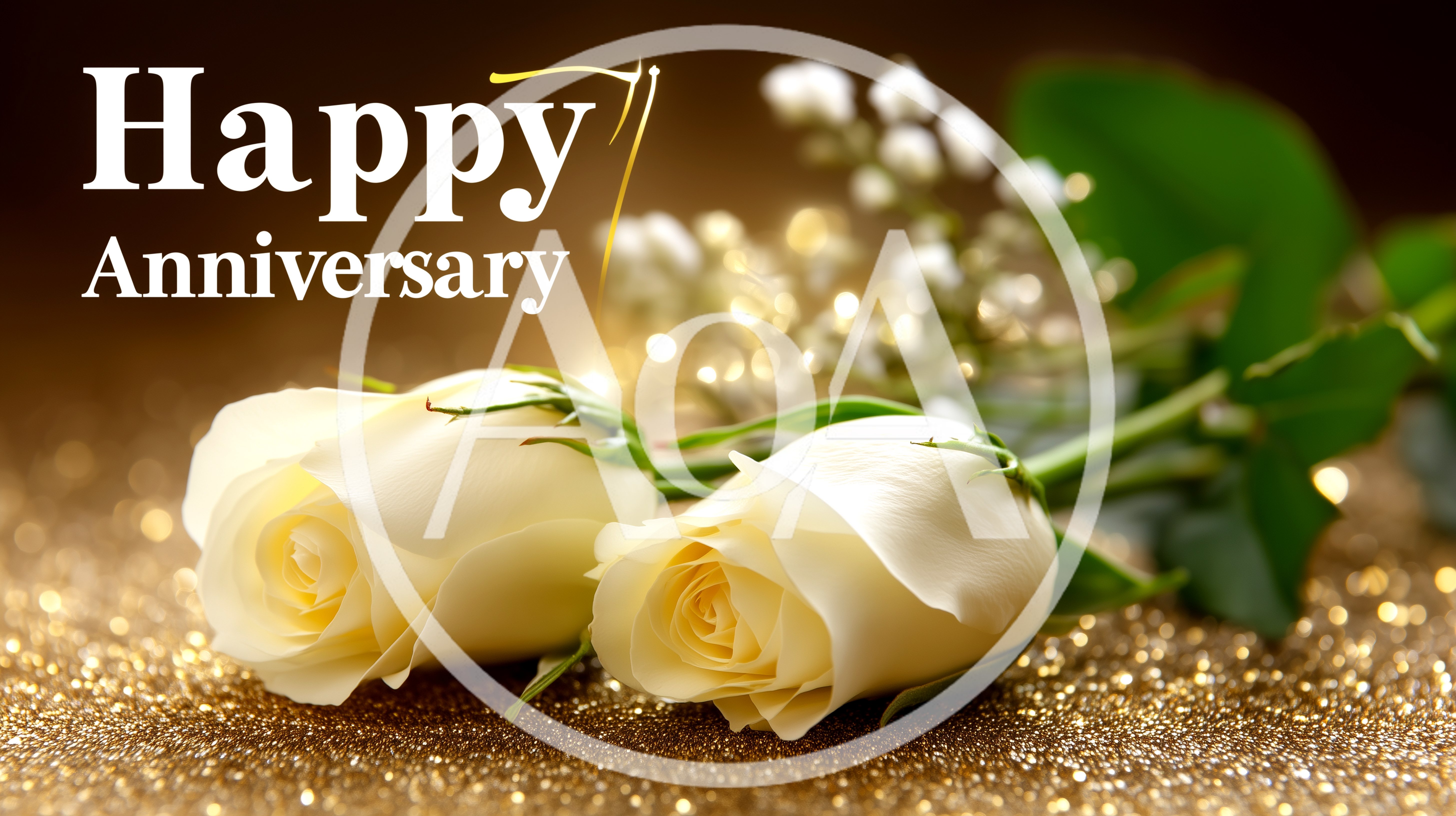 Two White Roses With Happy Anniversary Text Overlay
