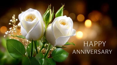 Two White Roses With Happy Anniversary Text