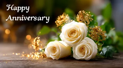 Three White Roses With Gold Glitter For Anniversary