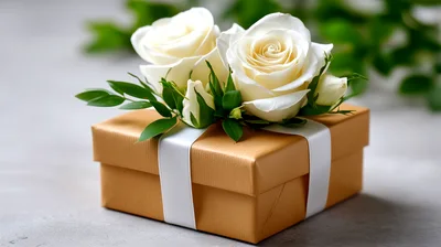 Gift Box Decorated With White Roses