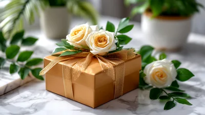 Golden Gift Box Decorated With White Roses