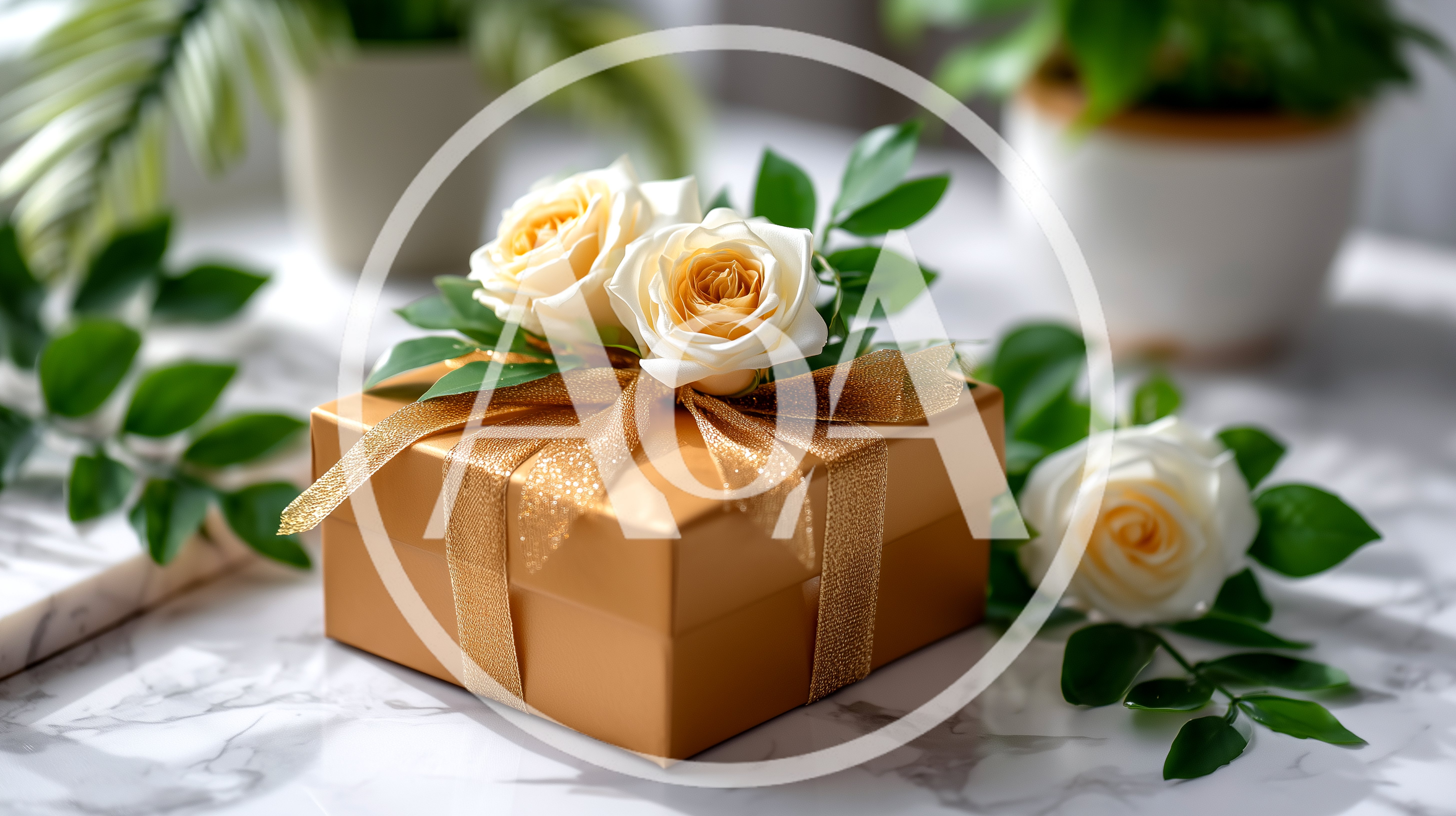 Golden Gift Box Decorated With White Roses