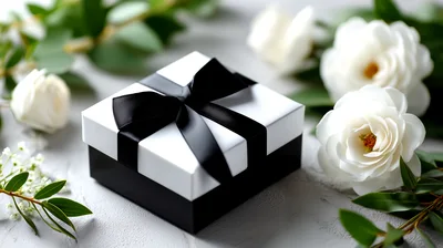 Elegant Gift Box With Black Ribbon And White Flowers