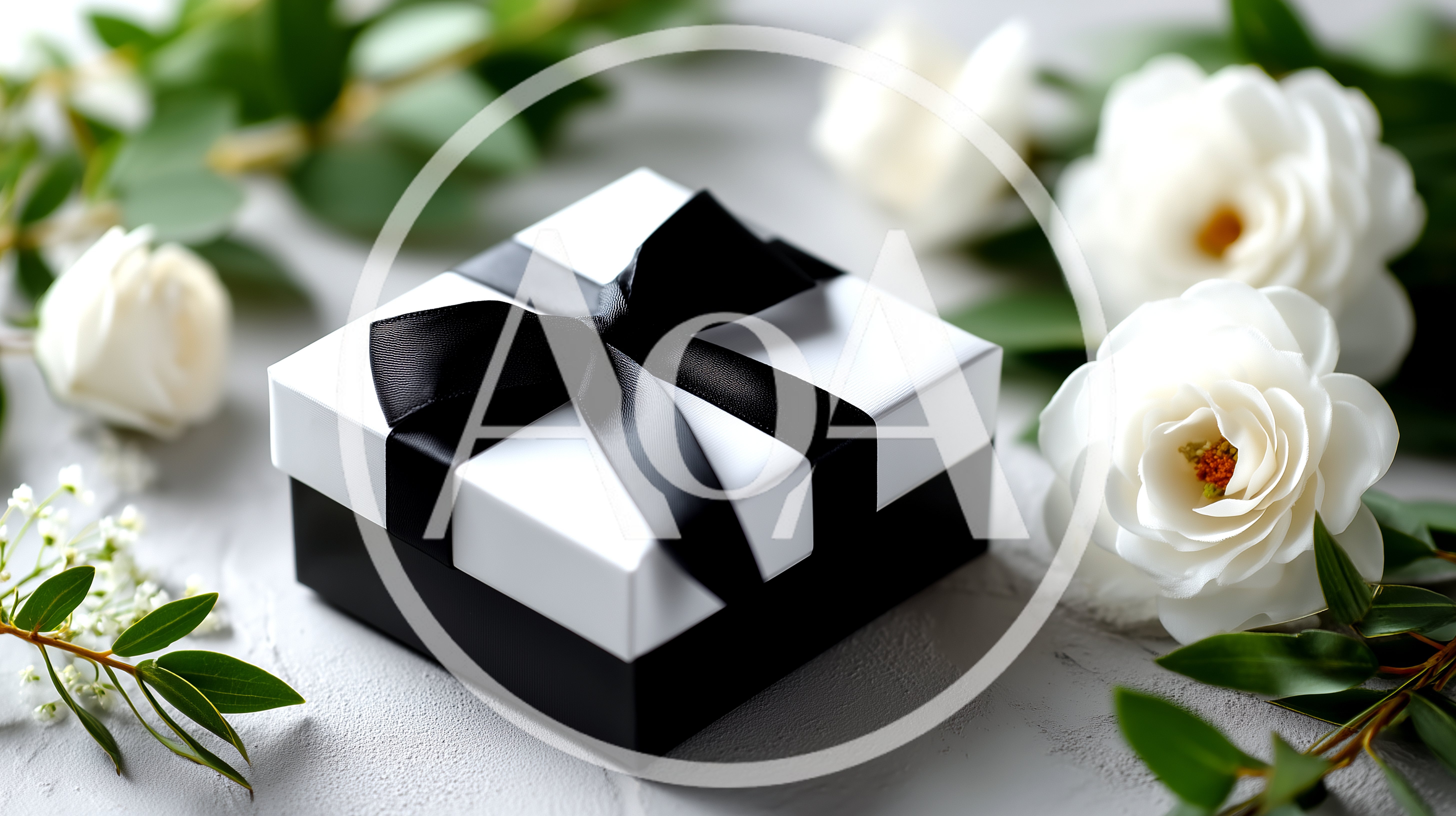 Elegant Gift Box With Black Ribbon And White Flowers