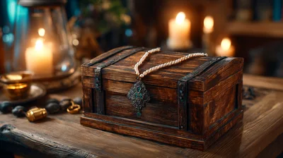 Antique Wooden Treasure Chest With Pearl Necklace