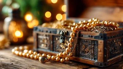 Vintage Wooden Treasure Chest Filled With Golden Pearls