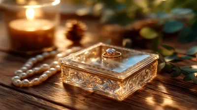 Diamond Engagement Ring Resting On Ornate Glass Jewelry Box
