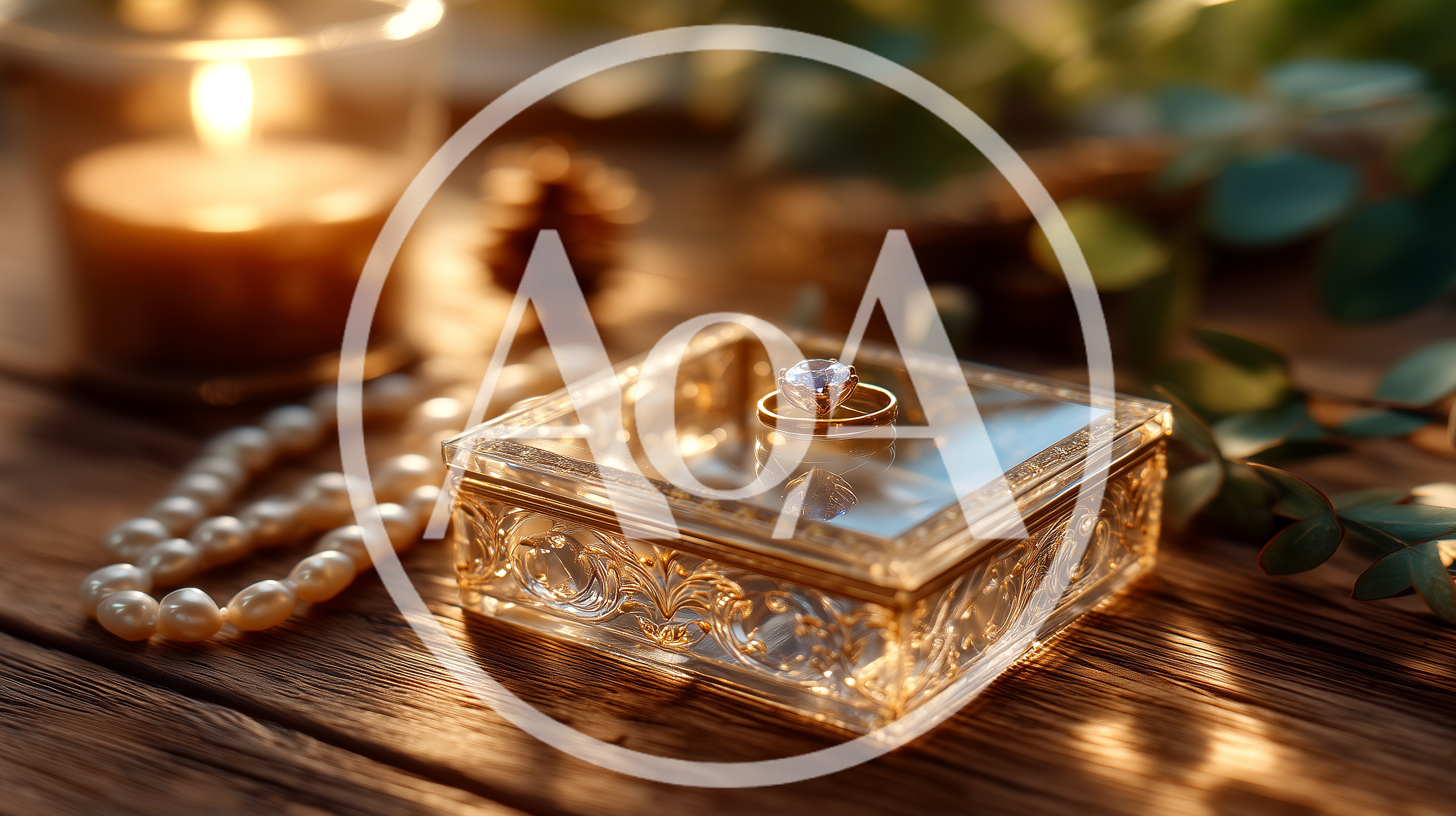 Diamond Engagement Ring Resting On Ornate Glass Jewelry Box