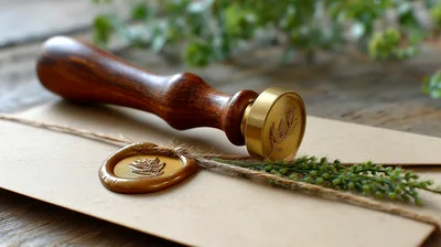 Wax Seal Stamp and Envelope on Wooden Table