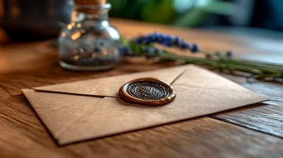 Vintage Envelope With Wax Seal On Wooden Table