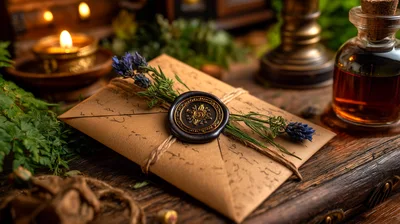 Vintage Envelope With Wax Seal And Lavender Sprigs