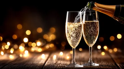 Champagne Being Poured Into Two Flute Glasses