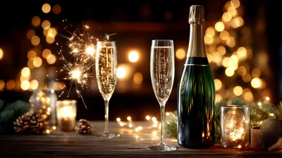 Champagne Bottle And Glasses With Sparkler For New Year