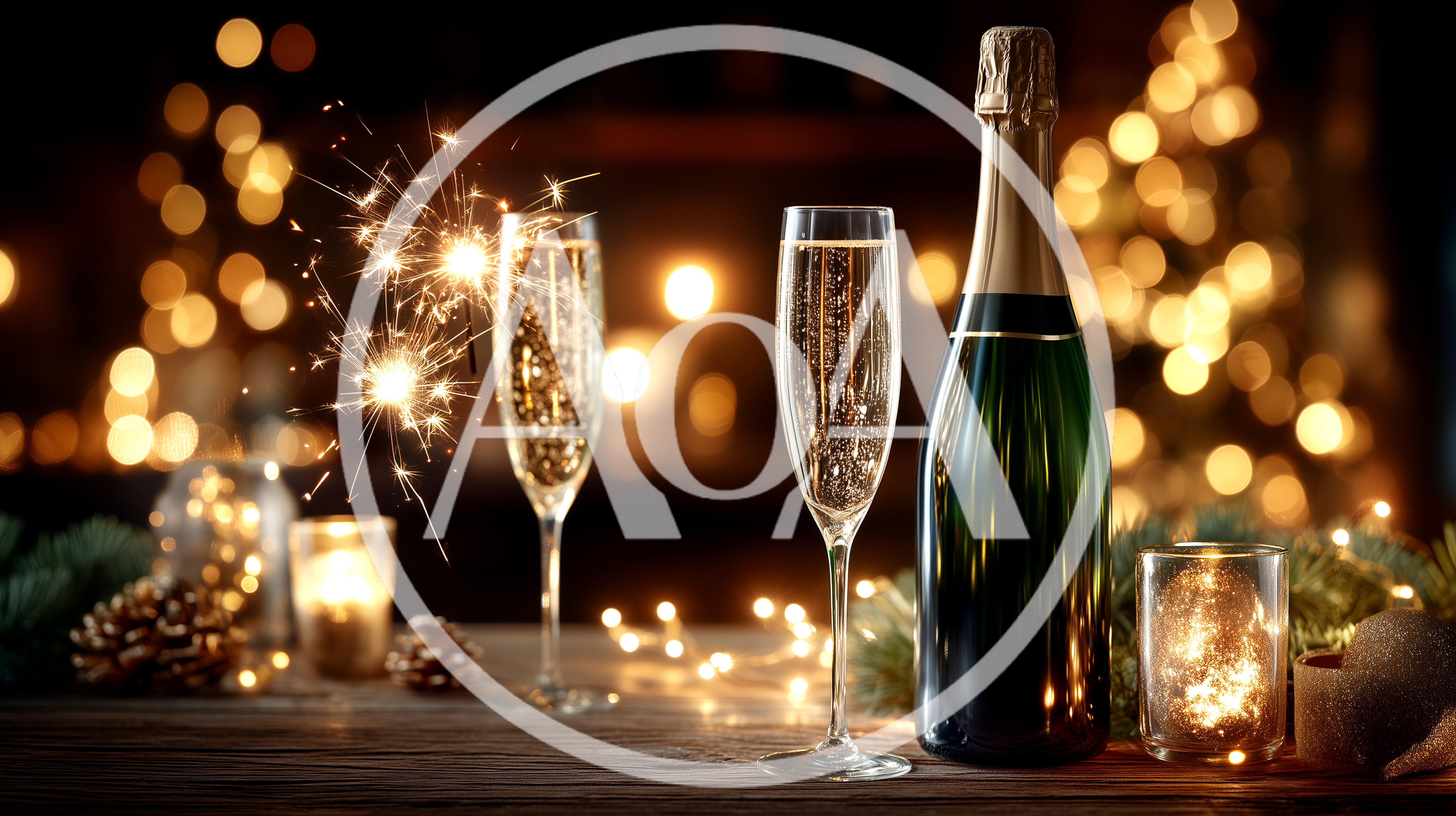 Champagne Bottle And Glasses With Sparkler For New Year
