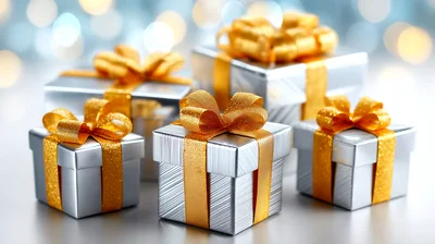 Silver Gift Boxes With Golden Ribbons