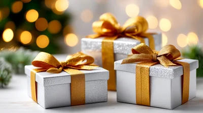 Three Silver Gift Boxes With Gold Ribbons