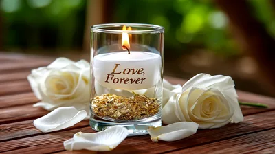 White Rose Candle With Love Forever Text