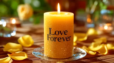 Yellow Pillar Candle With Love Forever Text