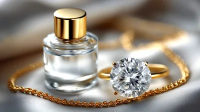 Luxury Perfume Bottle And Diamond Ring On Silk