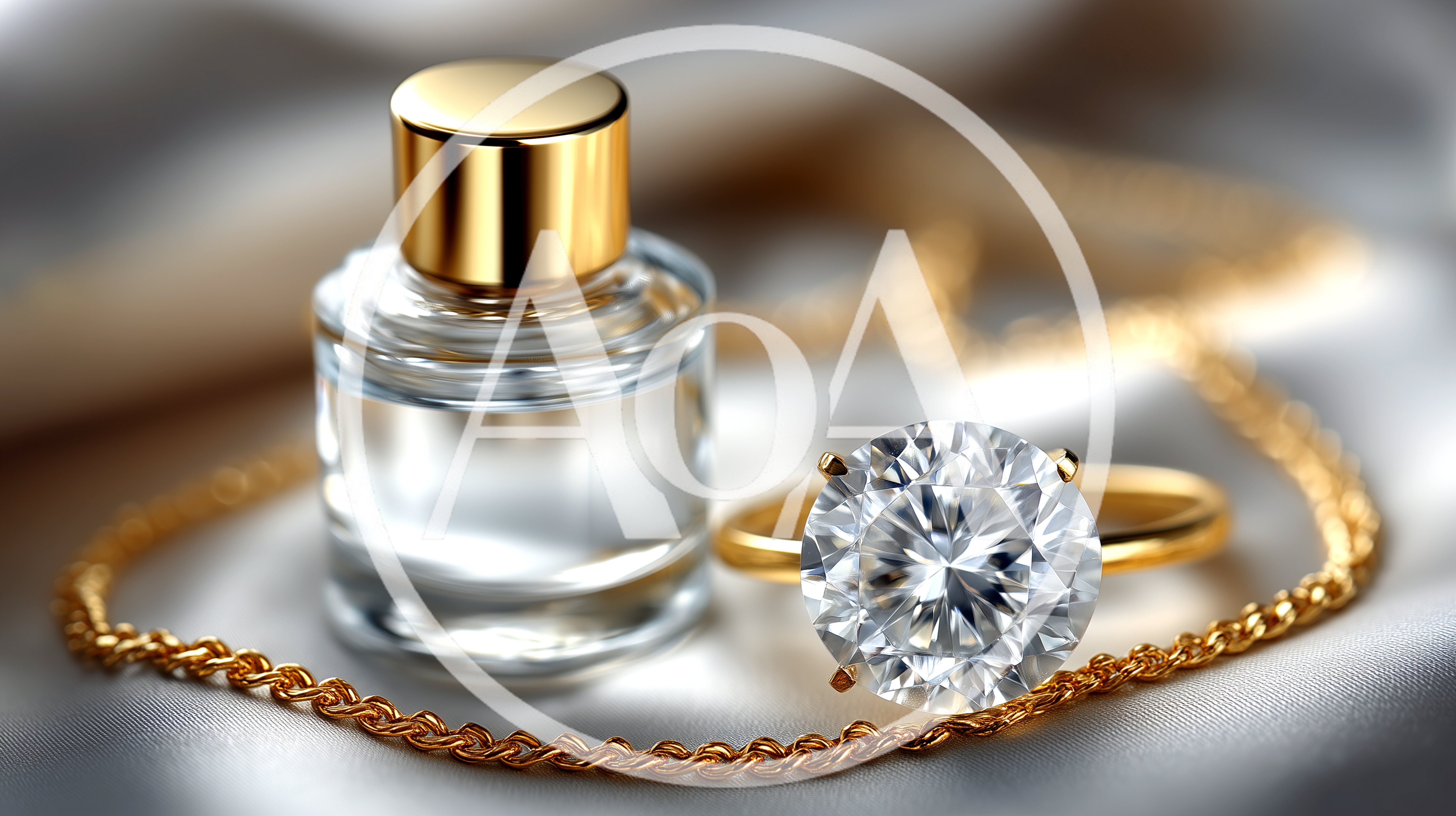 Luxury Perfume Bottle And Diamond Ring On Silk