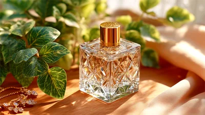 Crystal Perfume Bottle With Gold Cap On Wooden Surface