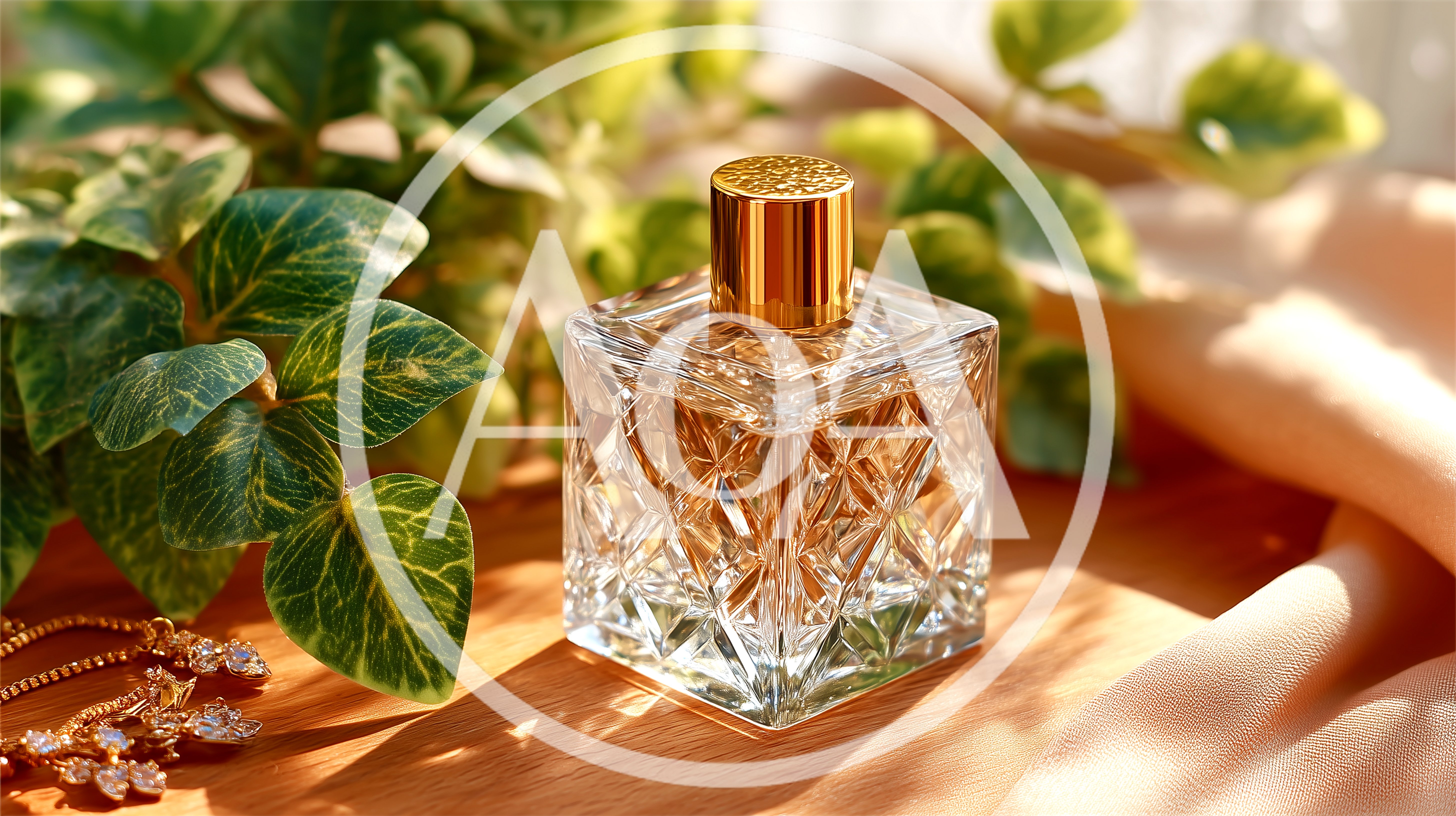 Crystal Perfume Bottle With Gold Cap On Wooden Surface