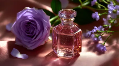 Perfume Bottle With Purple Rose And Flowers