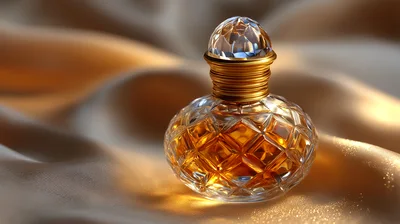 Crystal Perfume Bottle On A Golden Silk Fabric