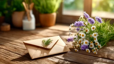 Envelope With Wildflowers On A Rustic Wooden Table