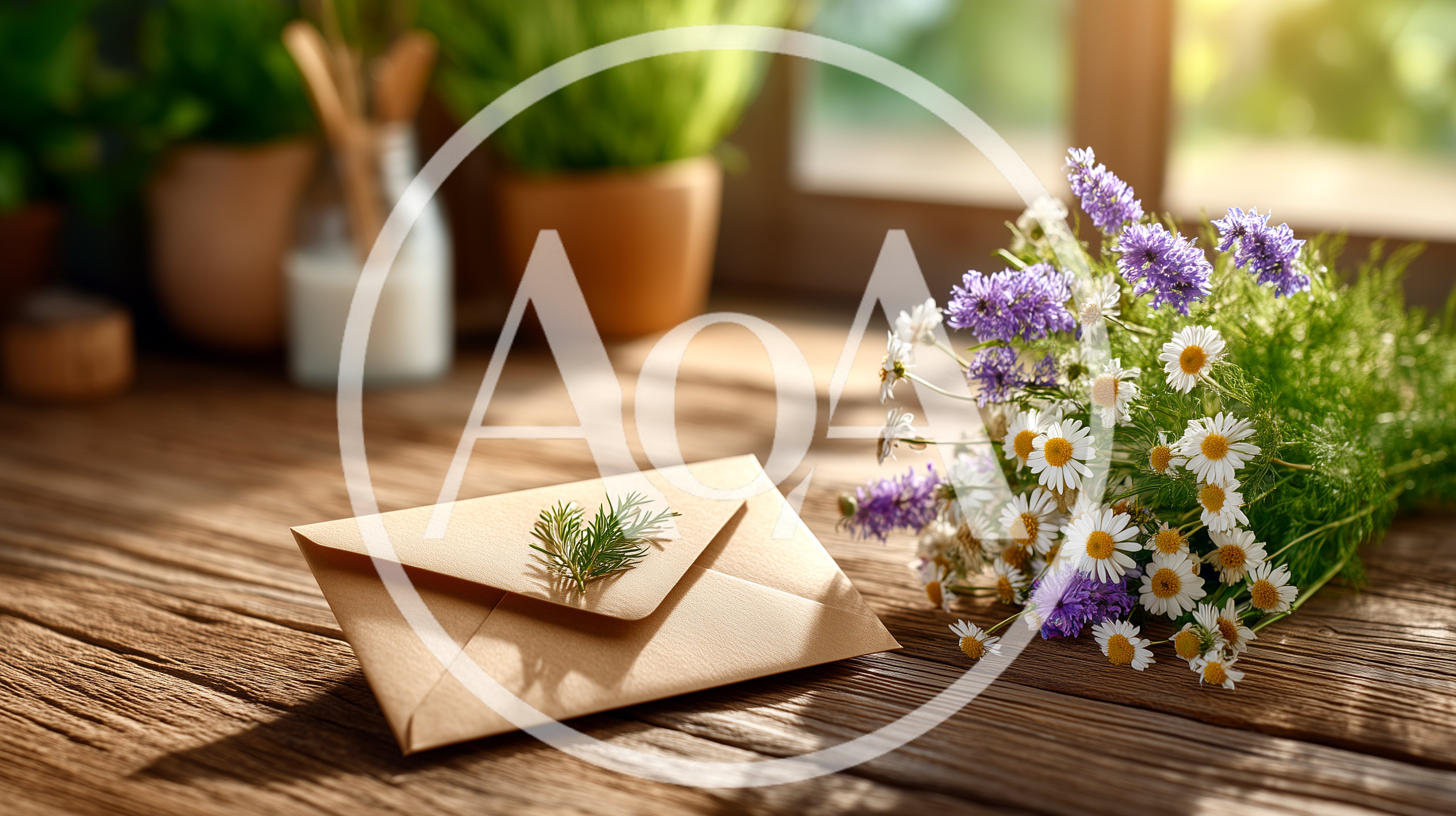 Envelope With Wildflowers On A Rustic Wooden Table