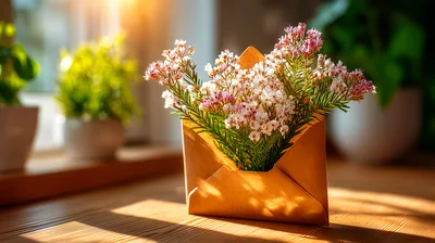 Bouquet Of Small Pink Flowers In A Paper Envelope