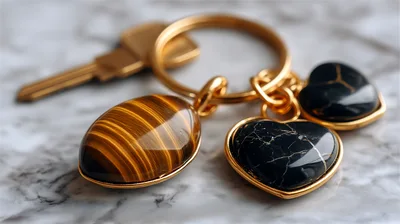 Gold Keychain With Tiger Eye And Marble Heart Charms
