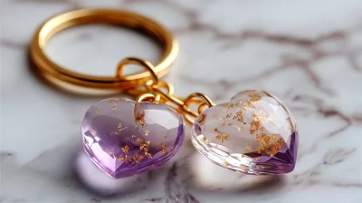 Two Faceted Heart Shaped Charms On Gold Keychain