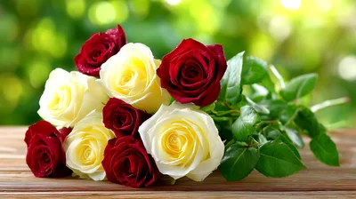 Bouquet Of Red And White Roses On Wooden Table