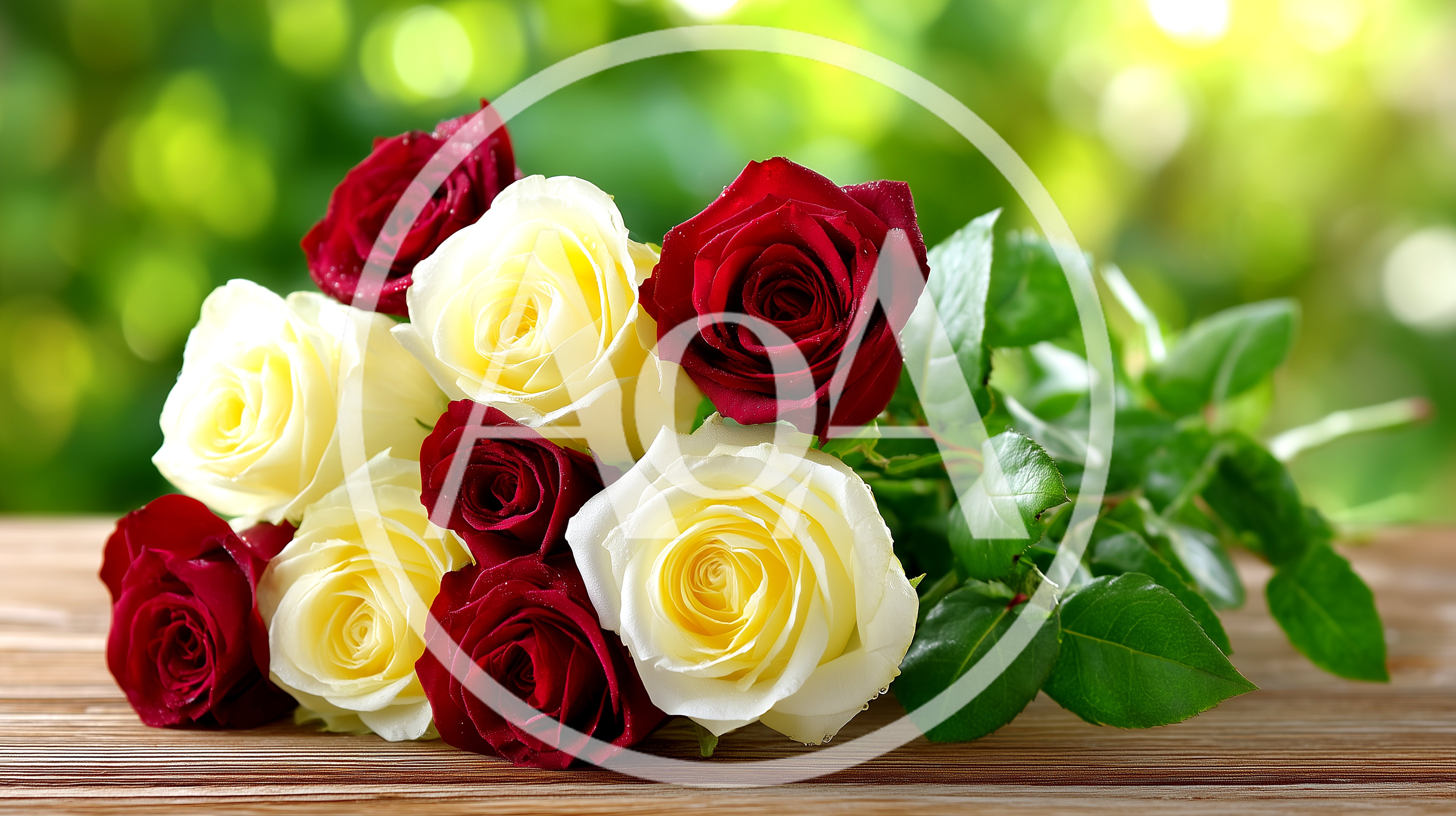 Bouquet Of Red And White Roses On Wooden Table