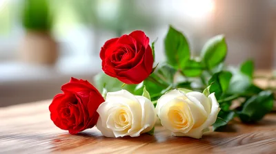 Three Fresh Roses On A Wooden Table