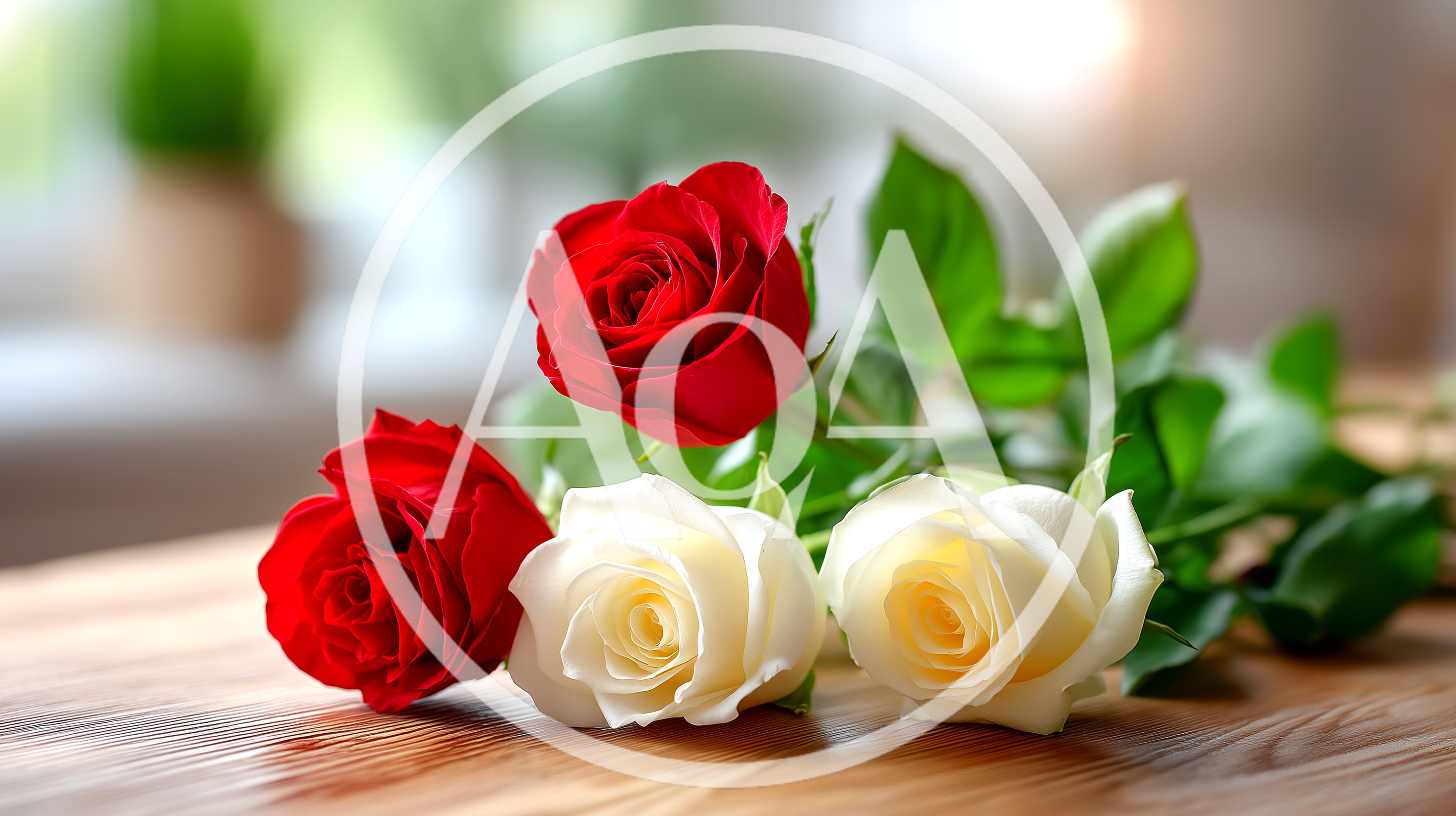 Three Fresh Roses On A Wooden Table